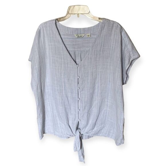 Caffe Marrakech Blue Stripe Linen-Blend Short Sleeve Shirt with Tie Front Size L - Picture 1 of 10